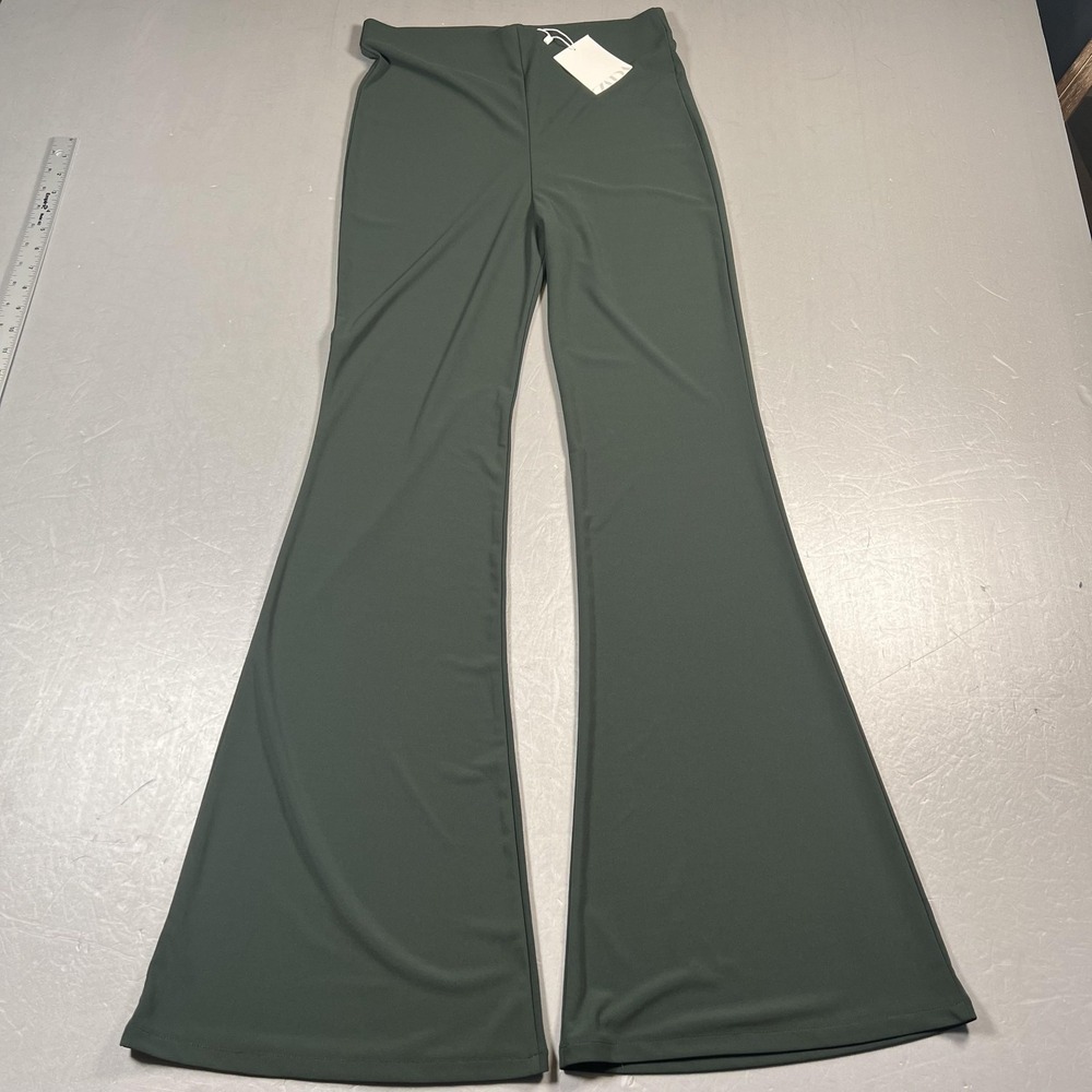 Zara Pants Womens Medium Dark Green Flare‎ Trousers High Rise Bell Bottom Dressy